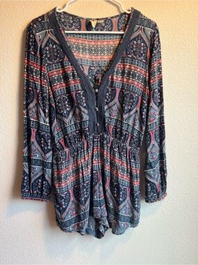 Roxy Navy and Coral Patterned Boho Romper